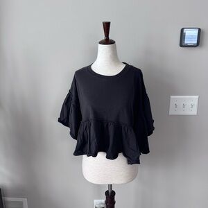 Urban Outfitters Black Cropped Ruffle Sleeve Top
